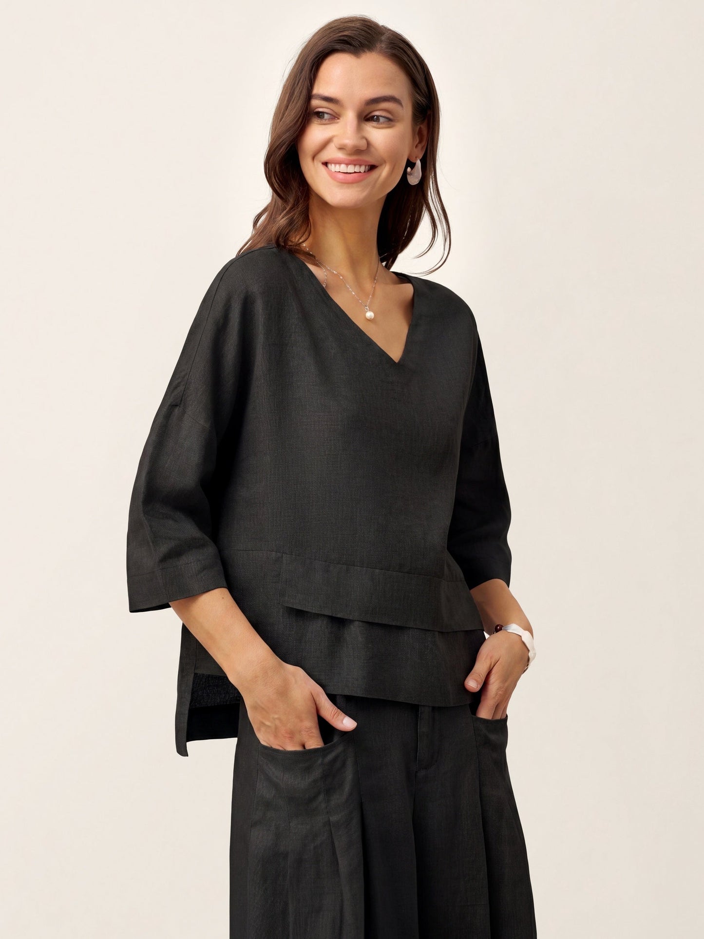 100% Linen Drop Shoulder Asymmetric Layered Hem Overtop VIOLA