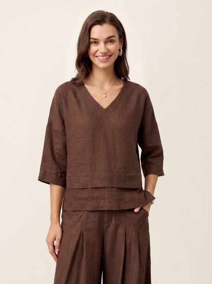 100% Linen Drop Shoulder Asymmetric Layered Hem Overtop VIOLA
