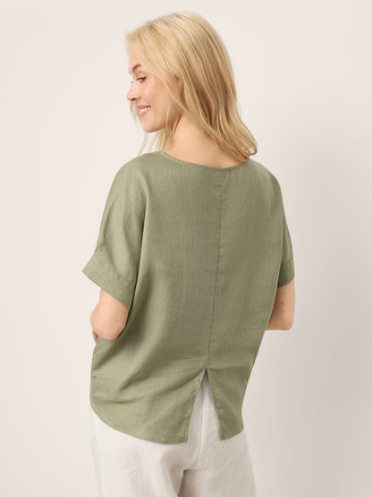 100% Linen Drop Shoulder Split-Back Double Shirred Hem Top LINDSEY