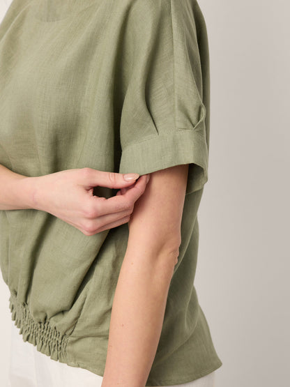 100% Linen Drop Shoulder Split-Back Double Shirred Hem Top LINDSEY