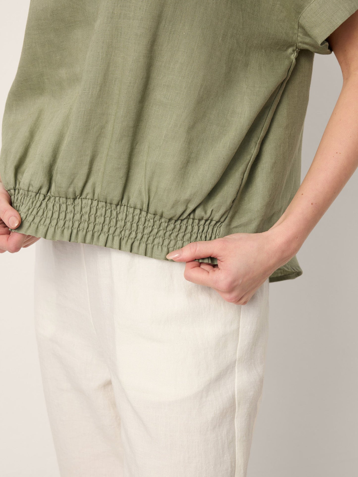 100% Linen Drop Shoulder Split-Back Double Shirred Hem Top LINDSEY