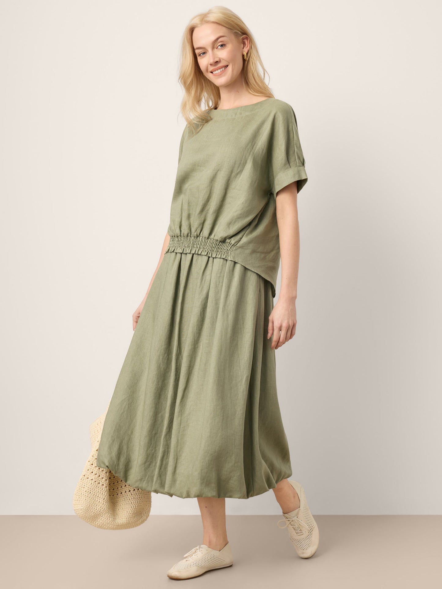 100% Linen Drop Shoulder Split-Back Double Shirred Hem Top LINDSEY