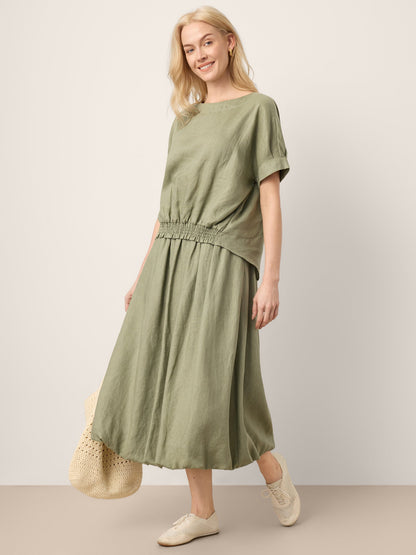 100% Linen Drop Shoulder Split-Back Double Shirred Hem Top LINDSEY