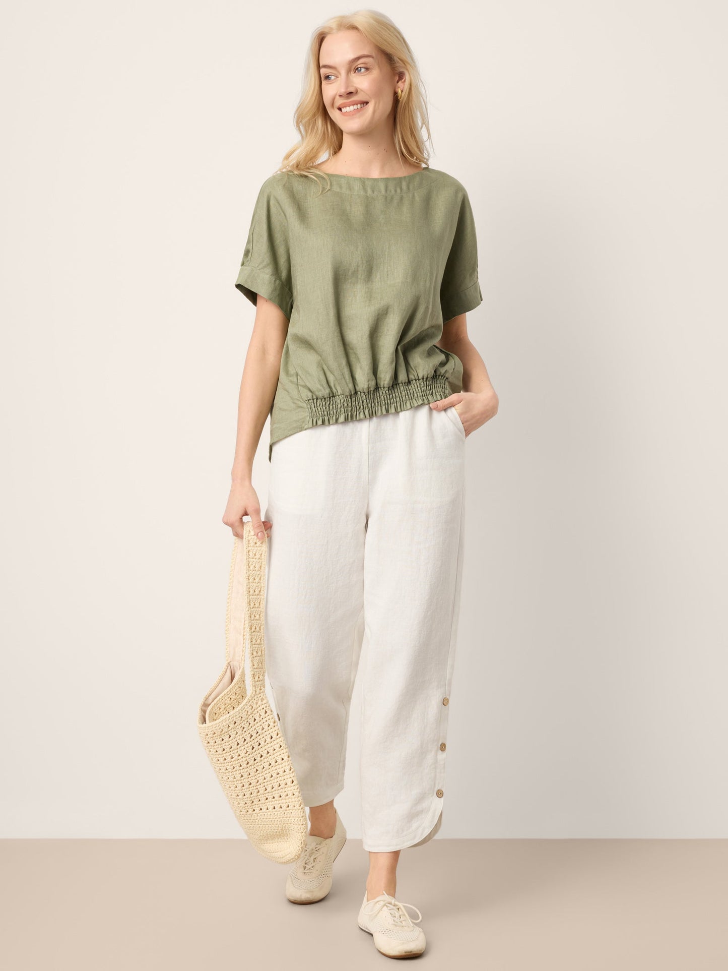 100% Linen Drop Shoulder Split-Back Double Shirred Hem Top LINDSEY
