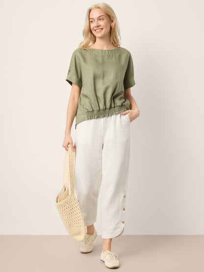 100% Linen Drop Shoulder Split-Back Double Shirred Hem Top LINDSEY