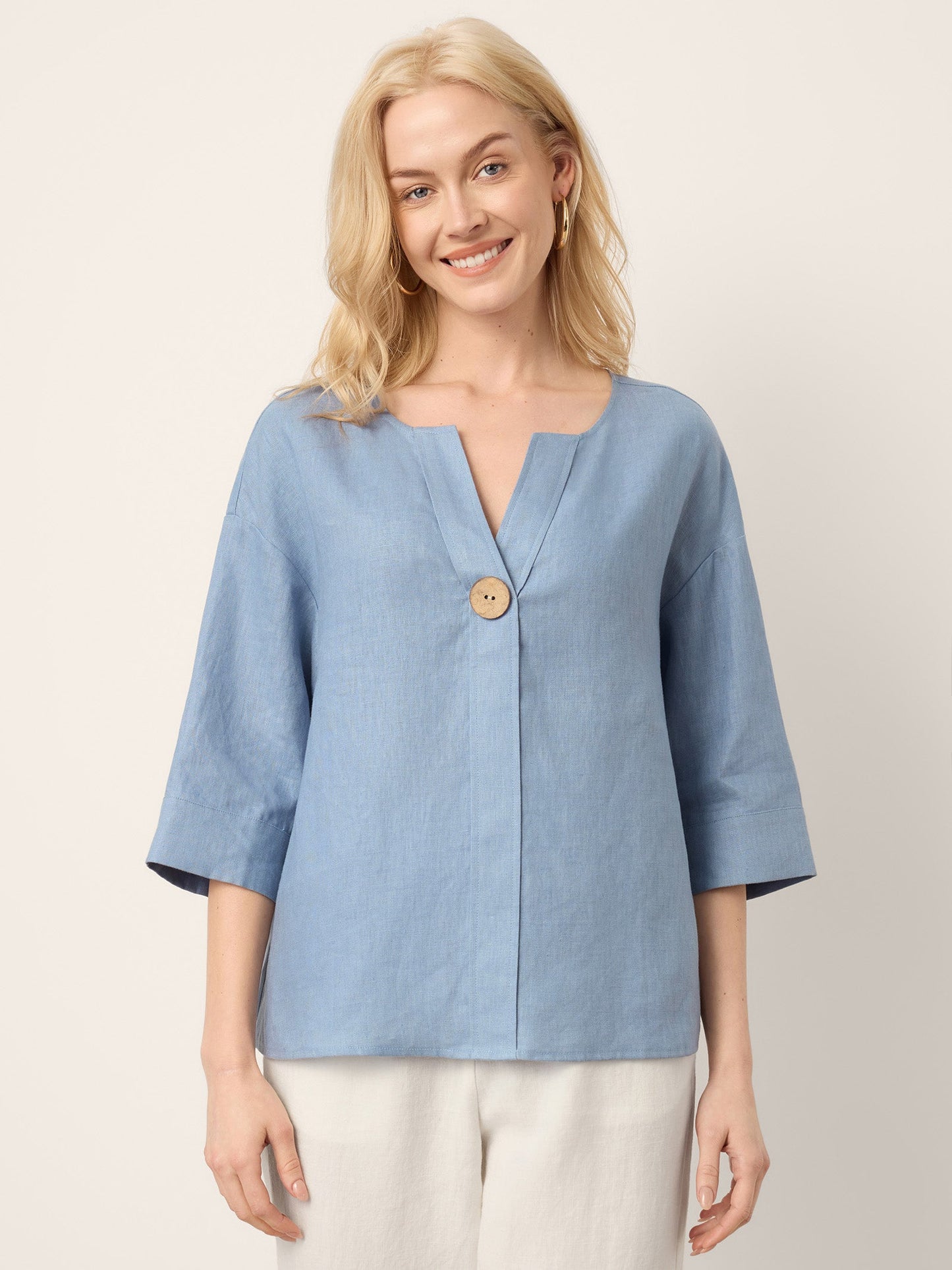 100% Linen Drop Shoulder V-Neck Statement Button Top LISARA