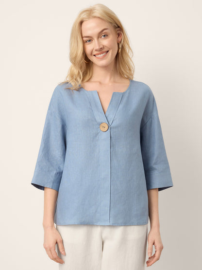 100% Linen Drop Shoulder V-Neck Statement Button Top LISARA
