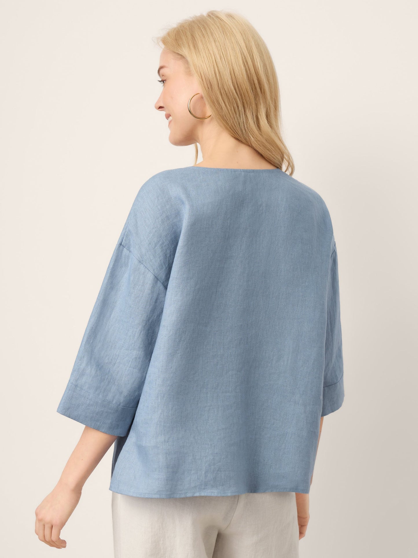 100% Linen Drop Shoulder V-Neck Statement Button Top LISARA