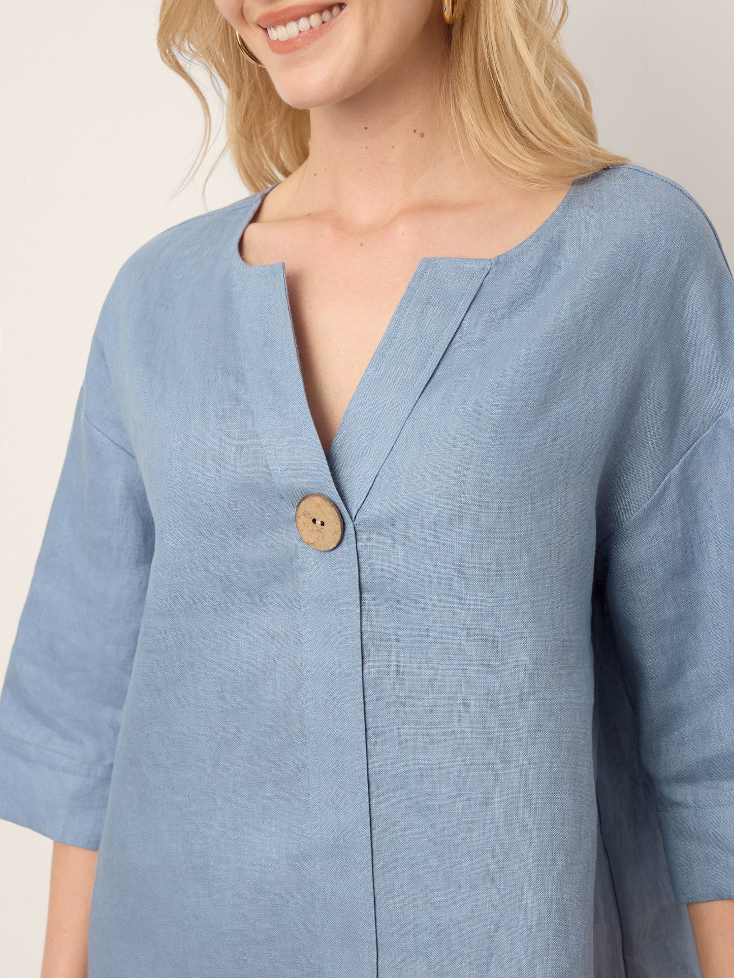 100% Linen Drop Shoulder V-Neck Statement Button Top LISARA