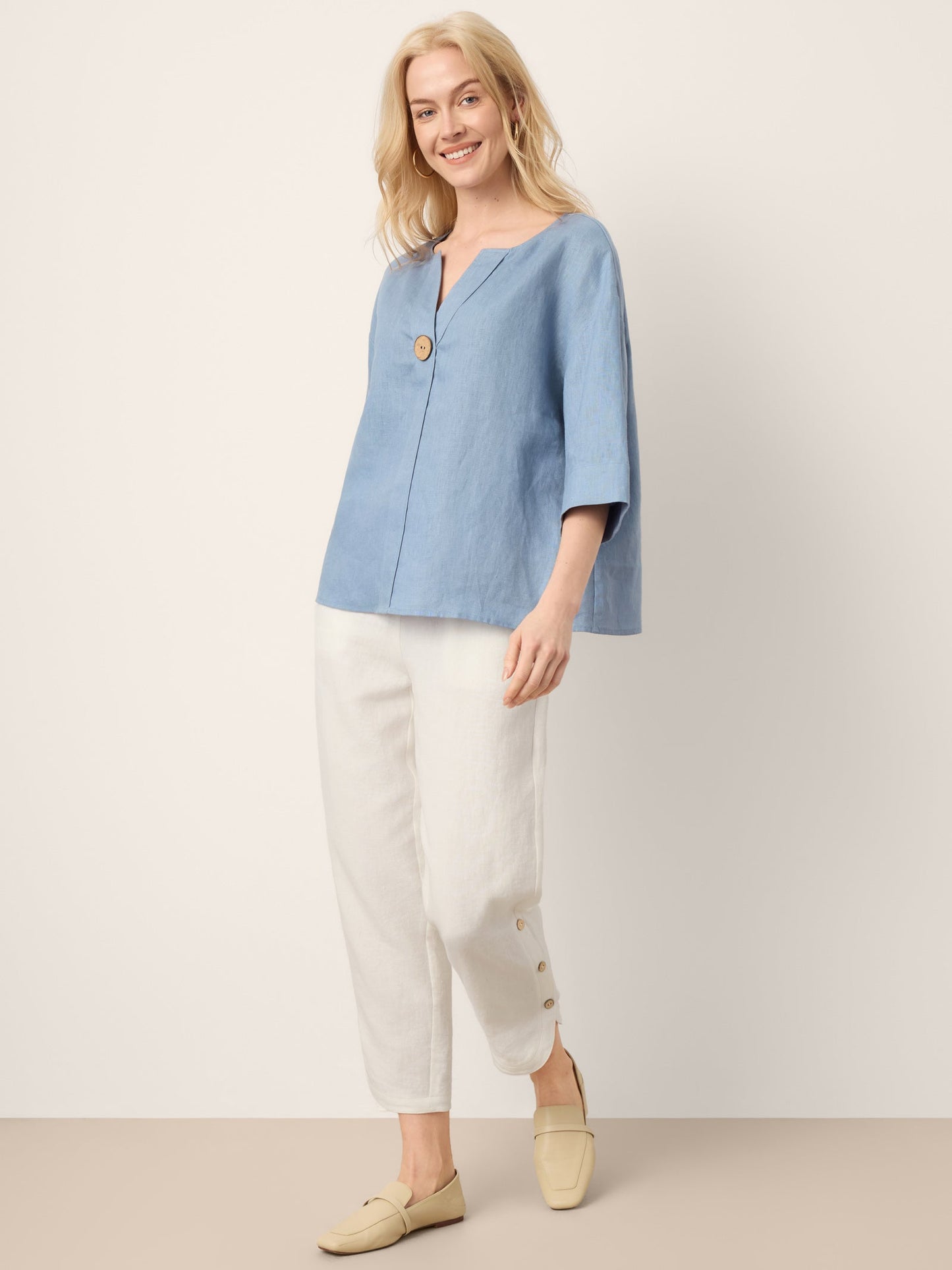 100% Linen Drop Shoulder V-Neck Statement Button Top LISARA