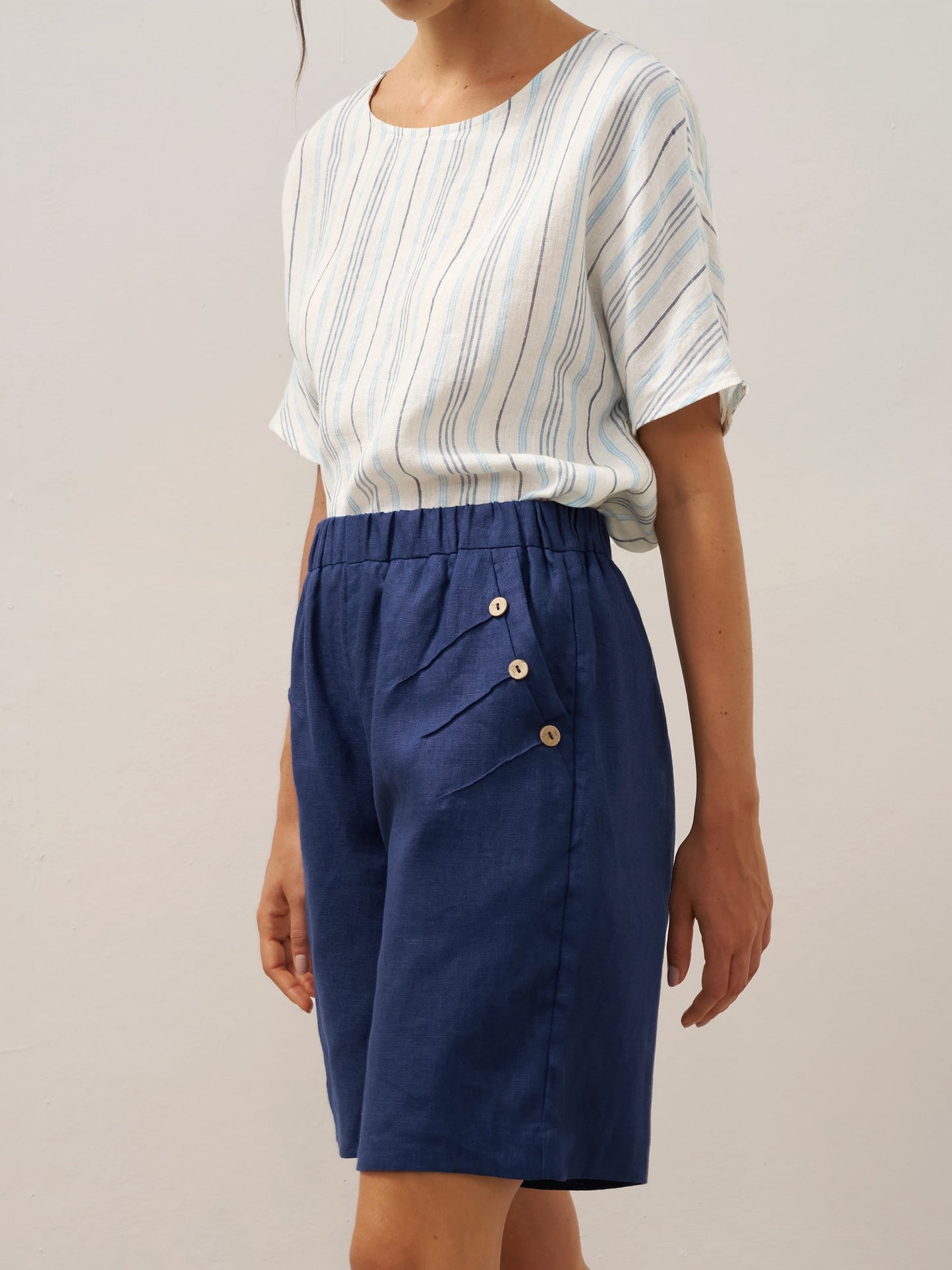 100% Linen Elastic Waistband Capri Pants ANNA
