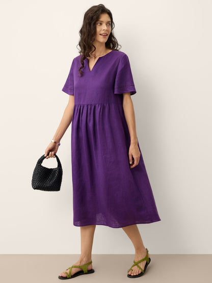 100% Linen Embroidered Cuff Split Neck Midi Dress OCTAVIA