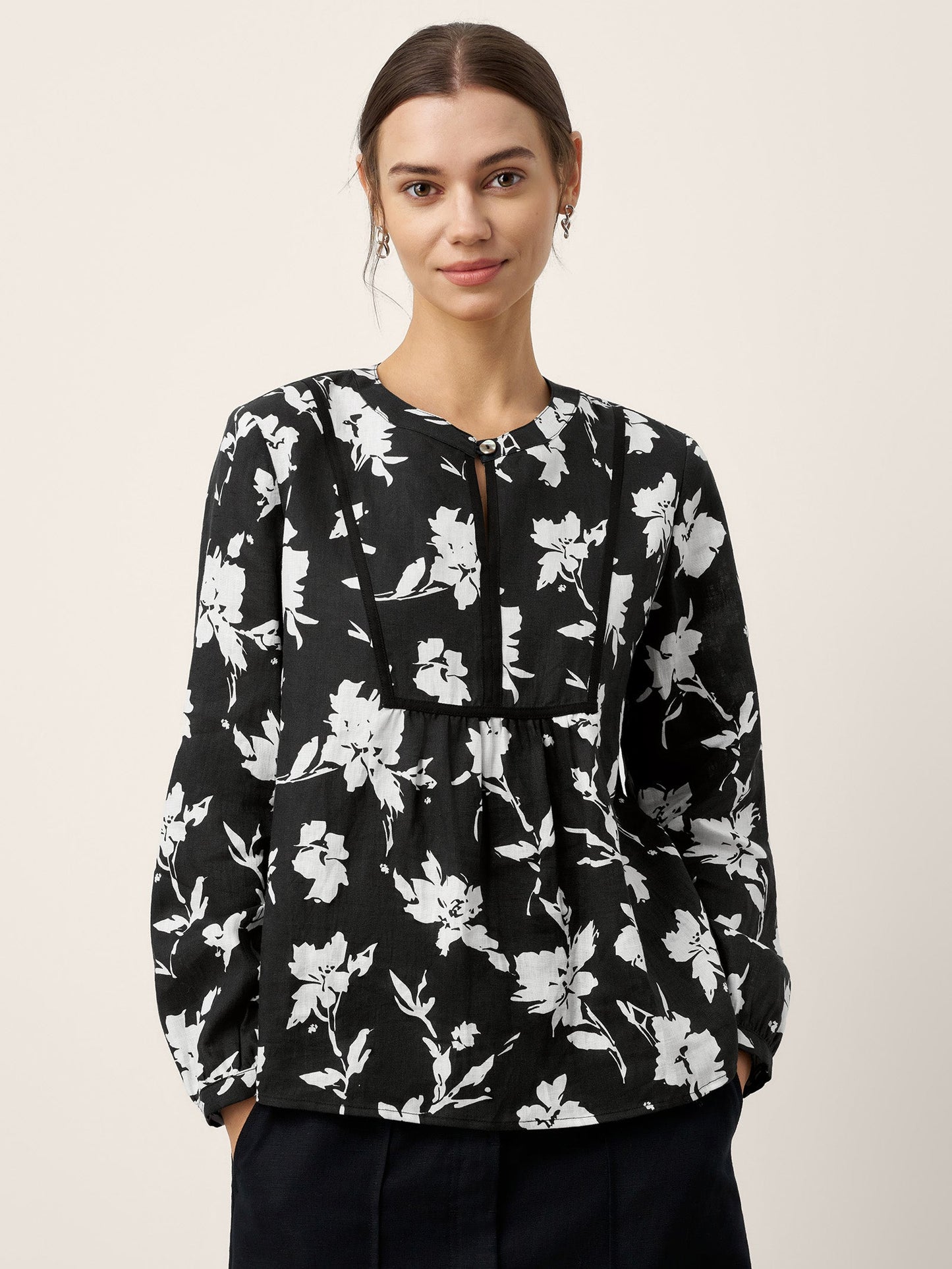 100% Linen Floral Printed Gathered Pullover Top AMIYA