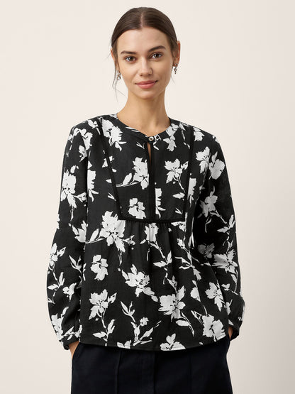 100% Linen Floral Printed Gathered Pullover Top AMIYA