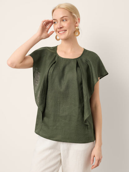 100% Linen Flutter Sleeve Sculpted Pleat Top DRUSILLA