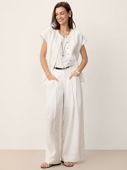 100% Linen Frayed-Trim Drop-Shoulder Top INDIRA