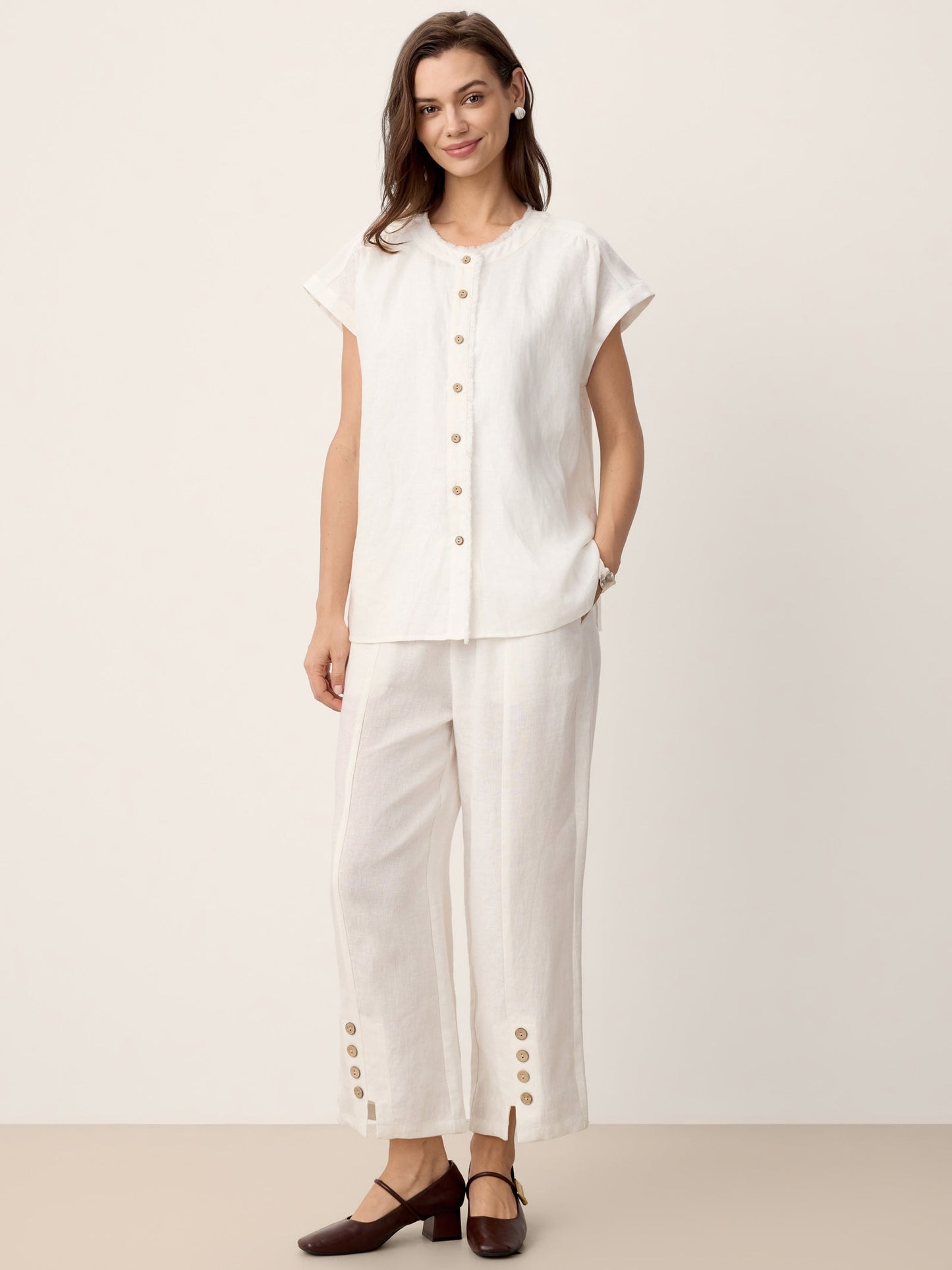 100% Linen Frayed-Trim Drop-Shoulder Top INDIRA