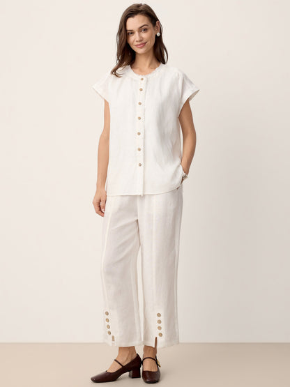 100% Linen Frayed-Trim Drop-Shoulder Top INDIRA