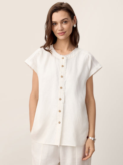 100% Linen Frayed-Trim Drop-Shoulder Top INDIRA