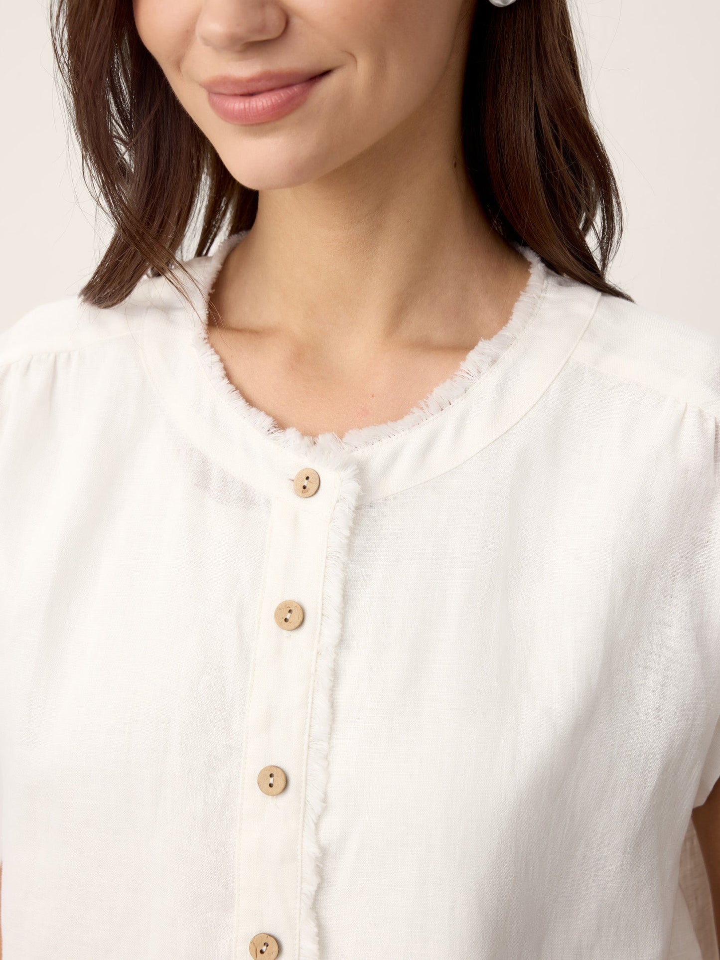 100% Linen Frayed-Trim Drop-Shoulder Top INDIRA