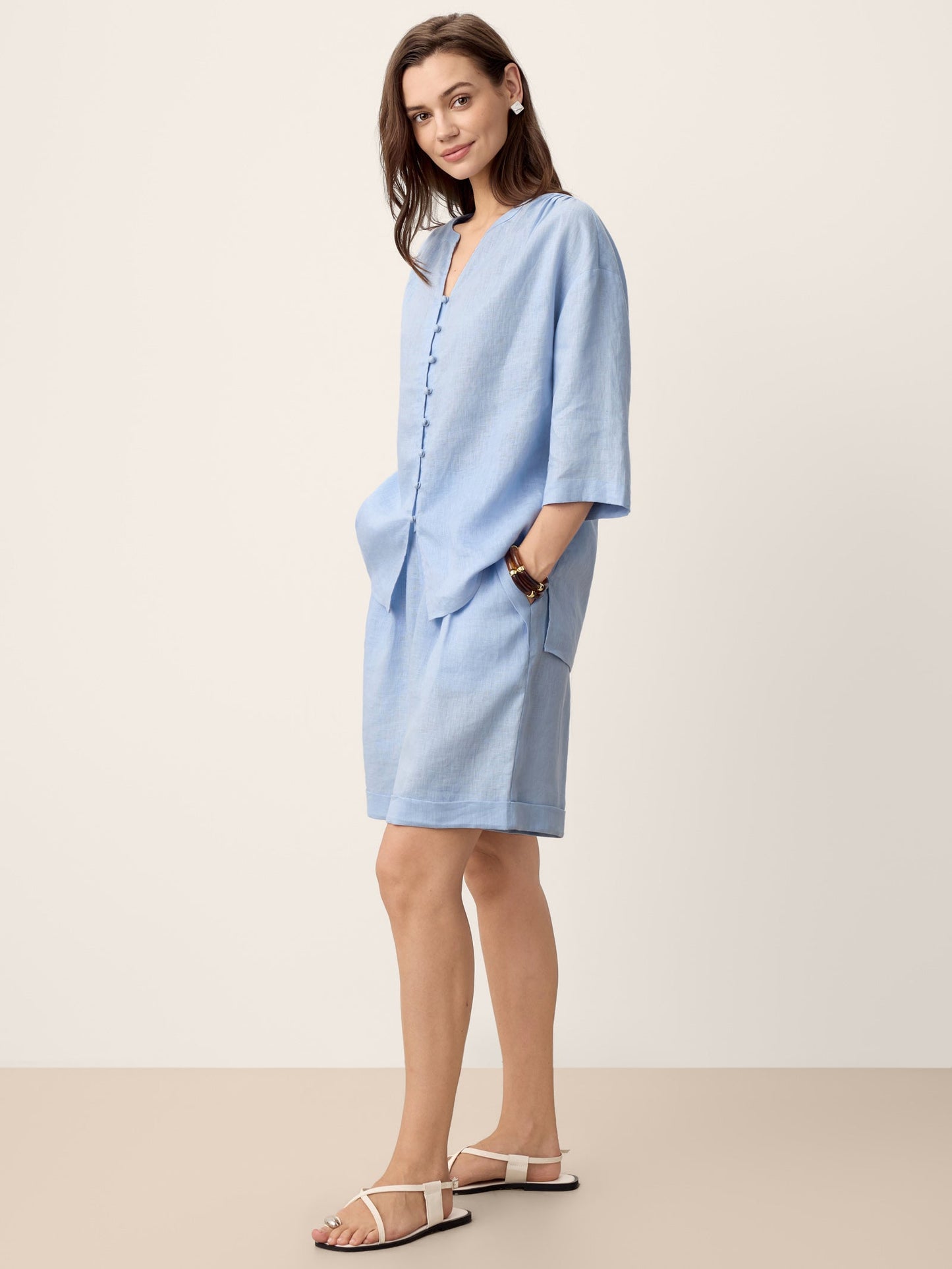 100% Linen Frog-Button Split-Neck Shirt GISELA