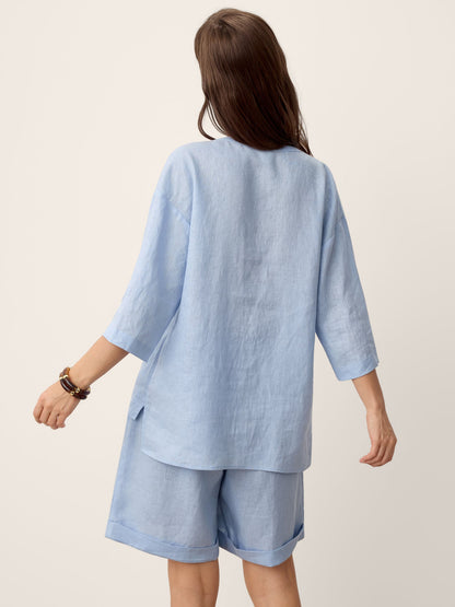 100% Linen Frog-Button Split-Neck Shirt GISELA