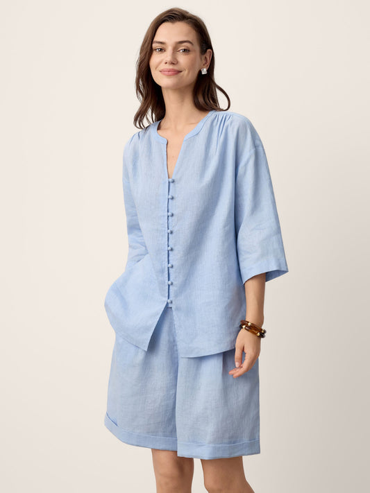100% Linen Frog-Button Split-Neck Shirt GISELA