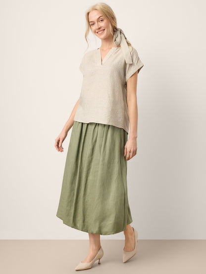 100% Linen Plaid Detachable Tie-Belt Split-Neck Top LEXIE