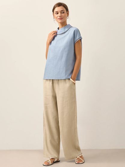 100% Linen Gingham Checked Cutout Turtleneck Top CAROL