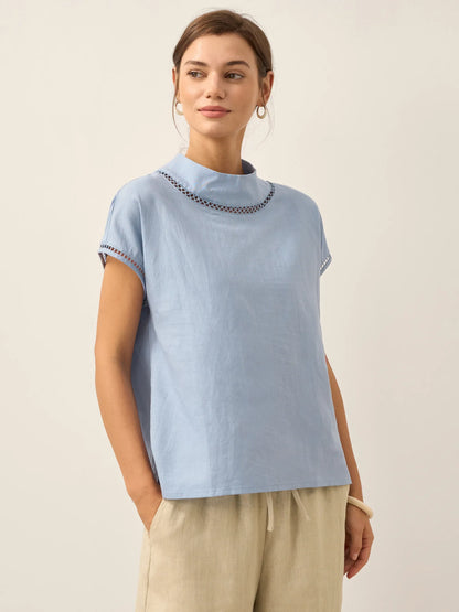 100% Linen Gingham Checked Cutout Turtleneck Top CAROL