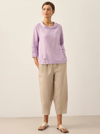 Linen Round Soft-Fold Collar Top LAURA