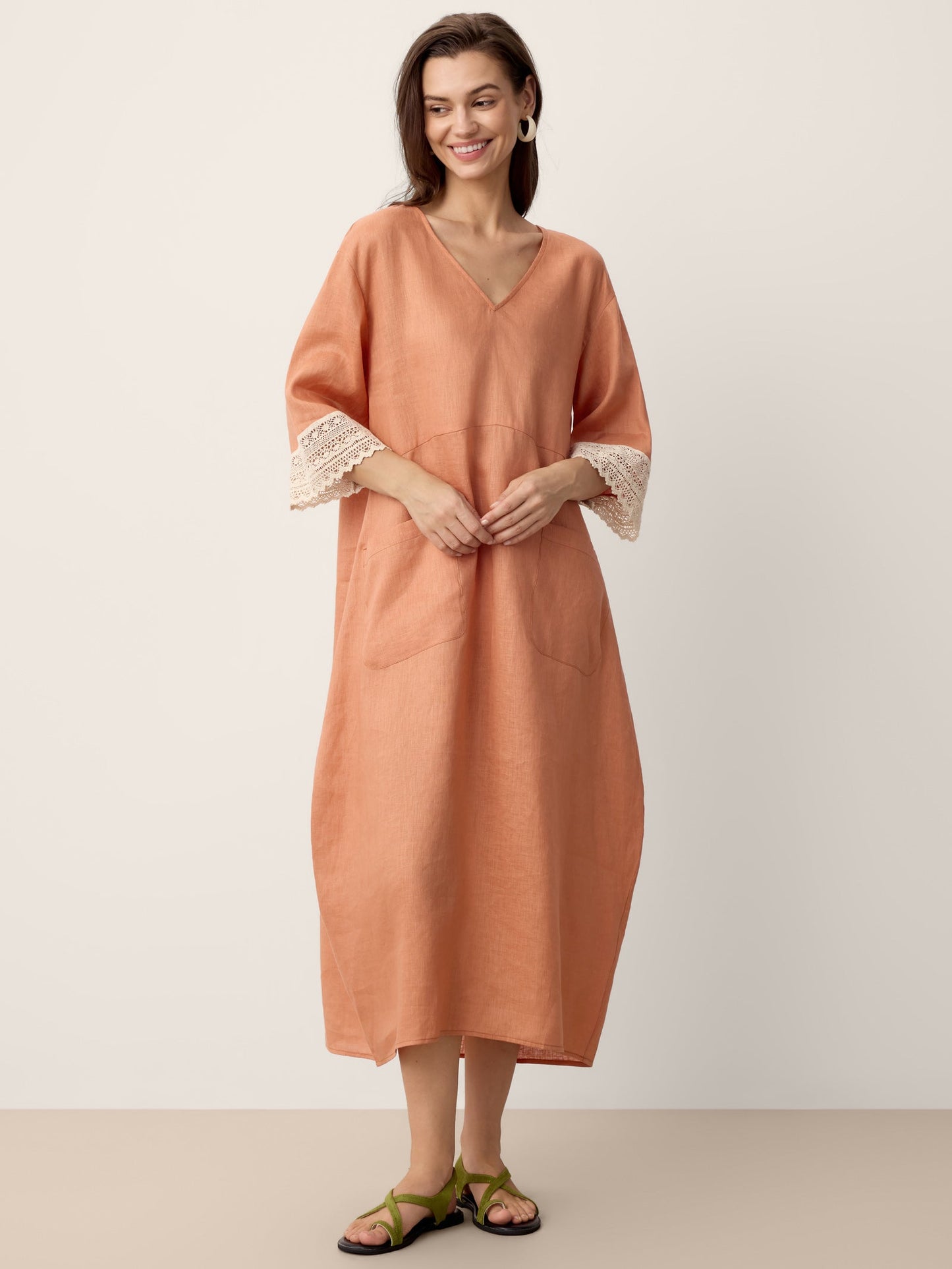 100% Linen Lace-Cuff Cocoon Midi Dress PETRA