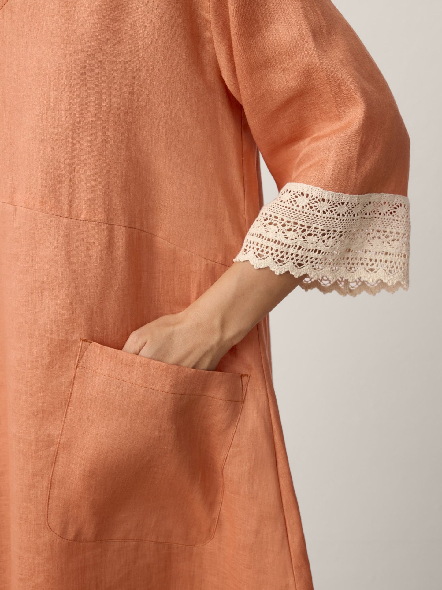 100% Linen Lace-Cuff Cocoon Midi Dress PETRA