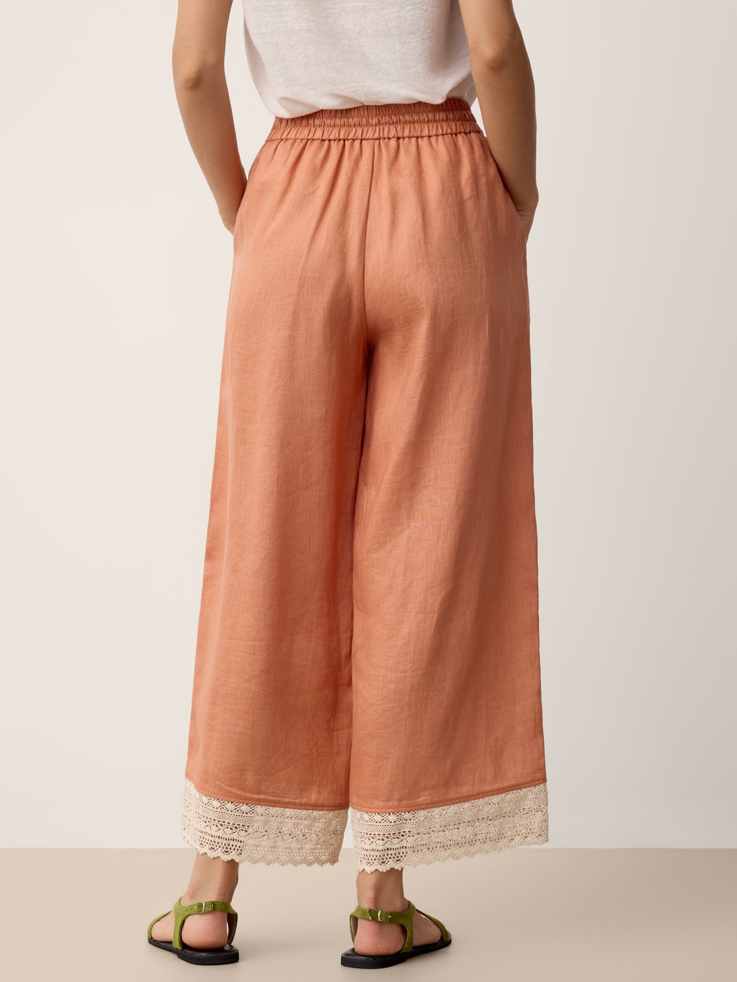 100% Linen Lace-Hem Wide-Leg Pants DARBY