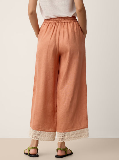 100% Linen Lace-Hem Wide-Leg Pants DARBY