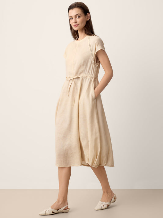 100% Linen Lace-Inset Bubble-Hem Midi Dress LORITA