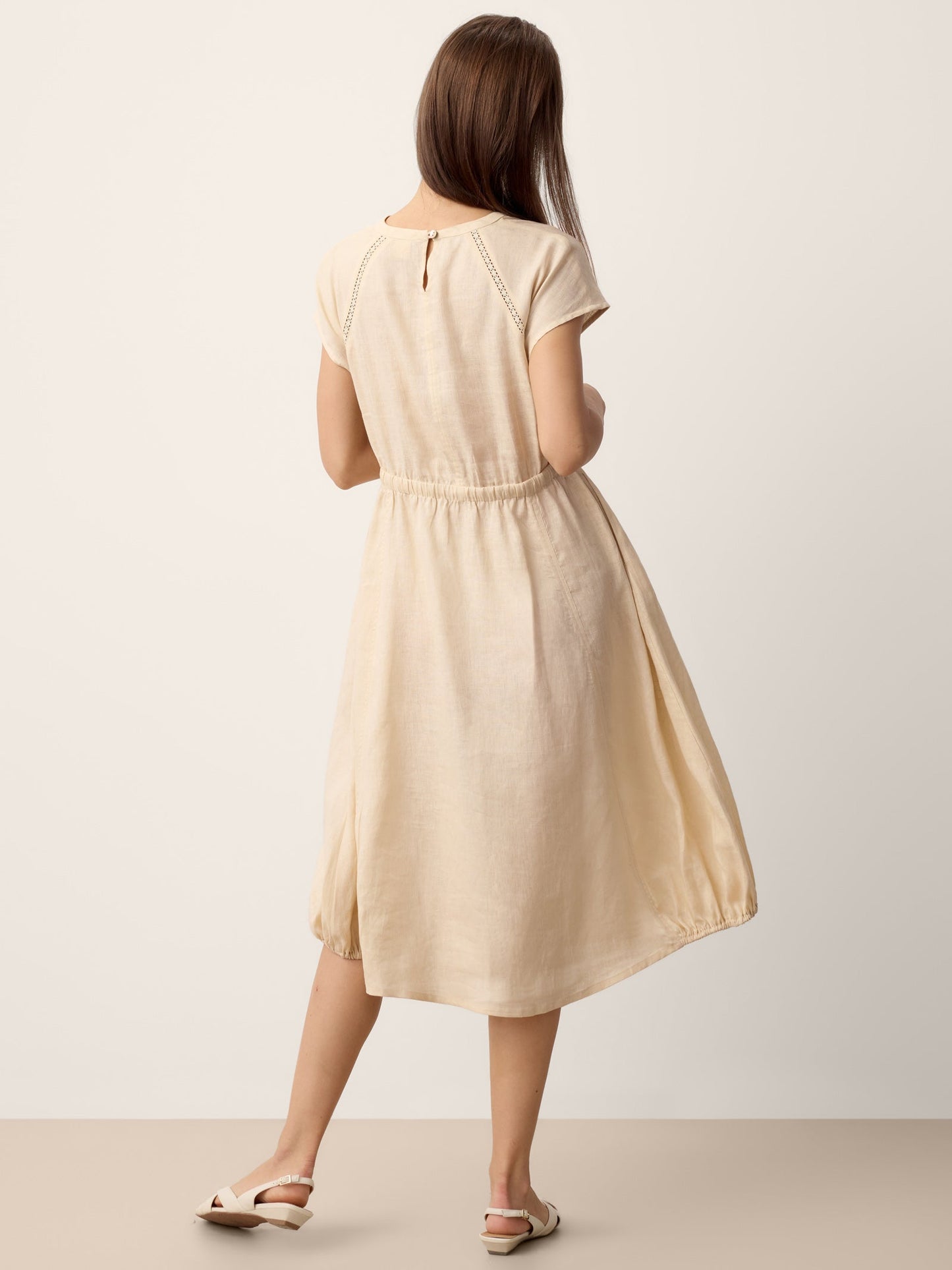 100% Linen Lace-Inset Bubble-Hem Midi Dress LORITA