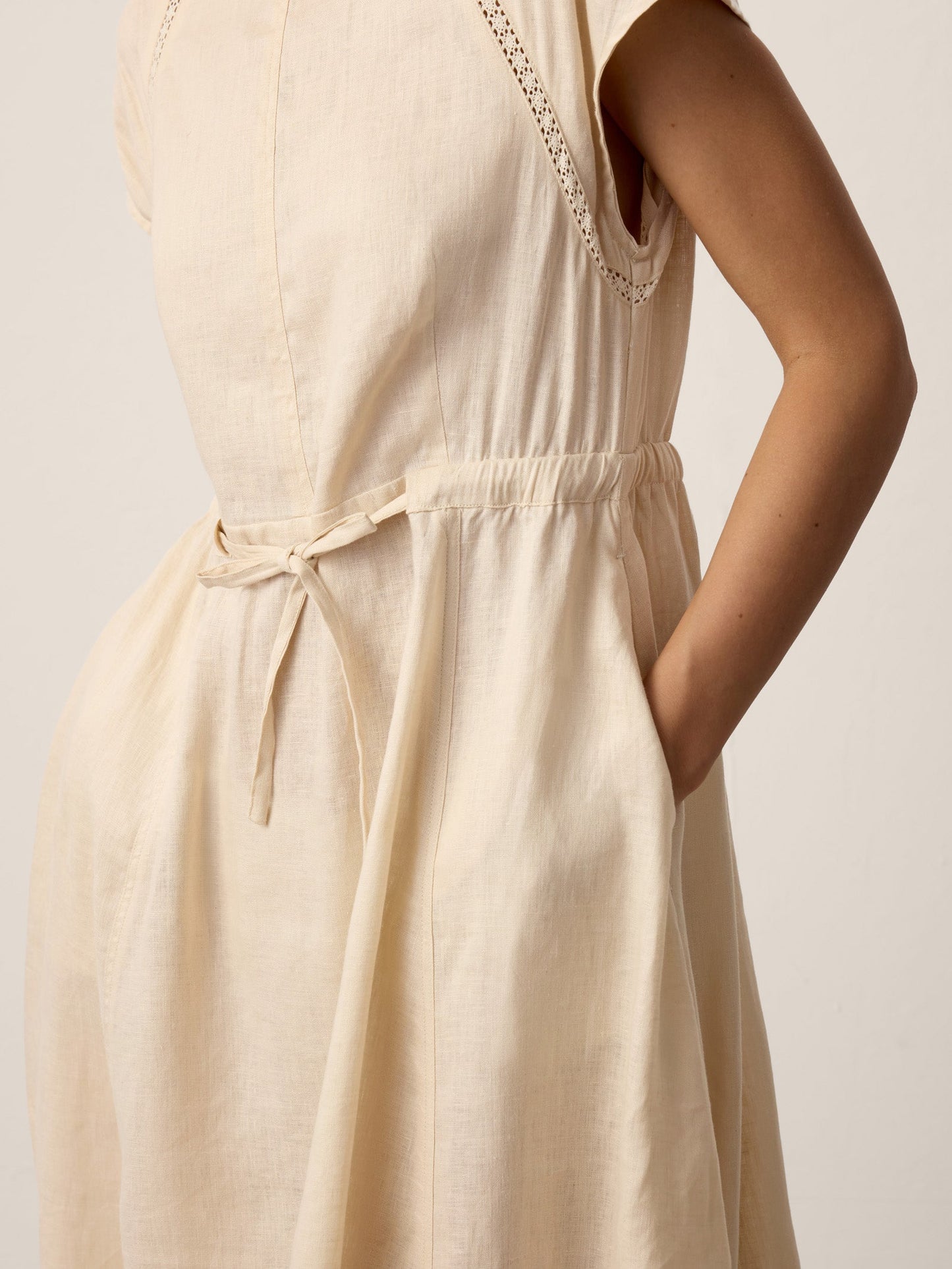 100% Linen Lace-Inset Bubble-Hem Midi Dress LORITA