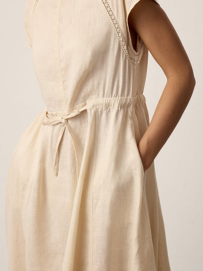 100% Linen Lace-Inset Bubble-Hem Midi Dress LORITA