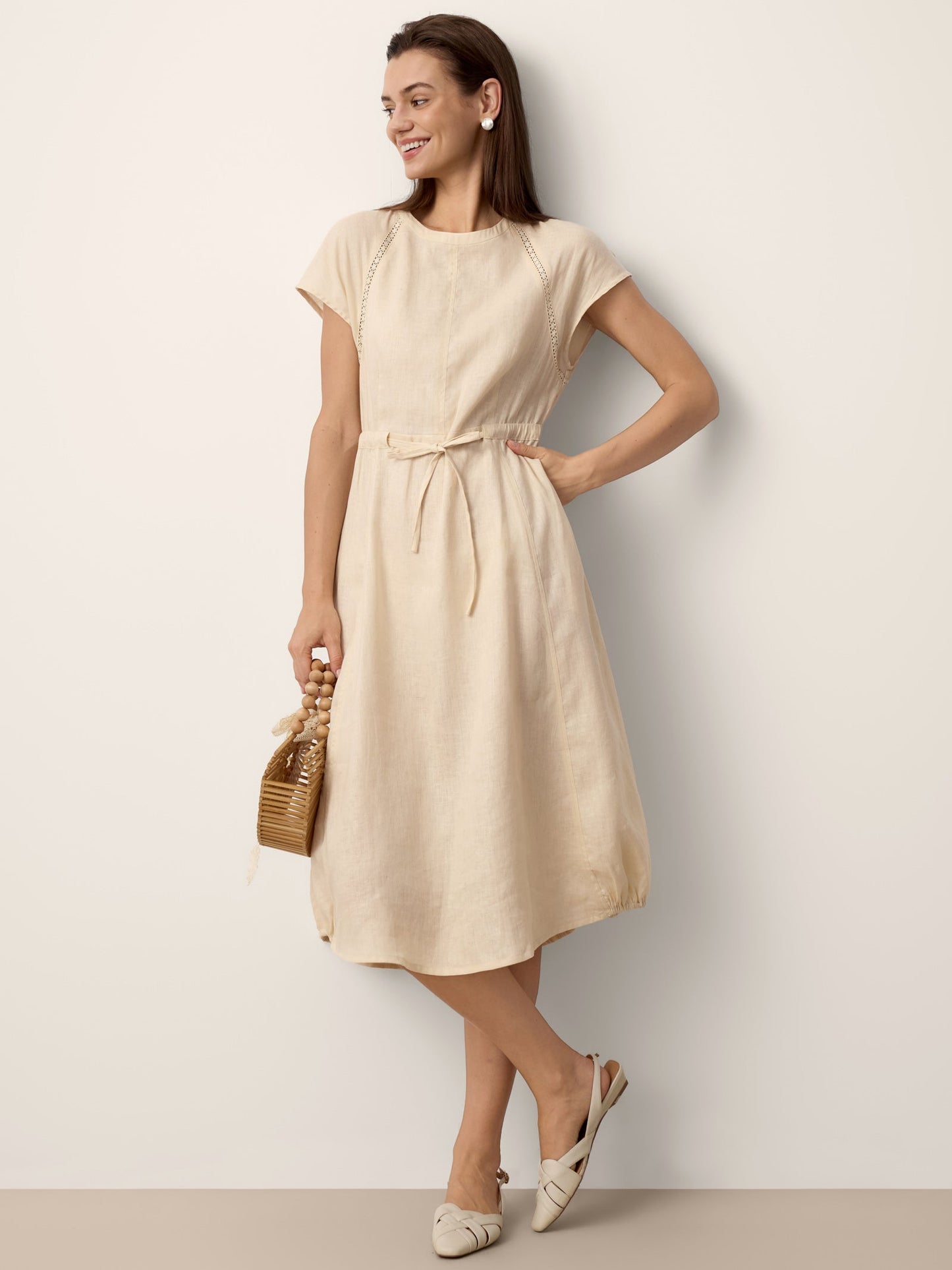 100% Linen Lace-Inset Bubble-Hem Midi Dress LORITA