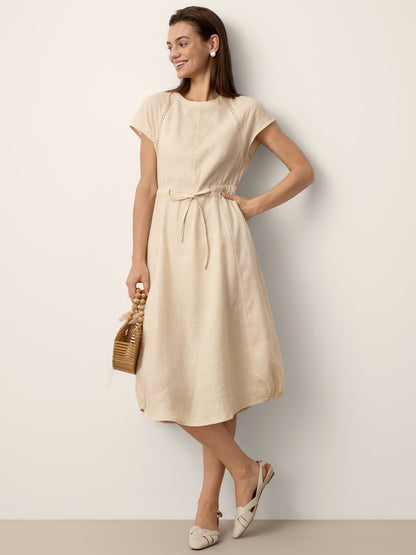 100% Linen Lace-Inset Bubble-Hem Midi Dress LORITA