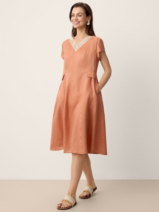 100% Linen Lace-Trim V-Neck Tailored-Waist Midi Dress ELENI