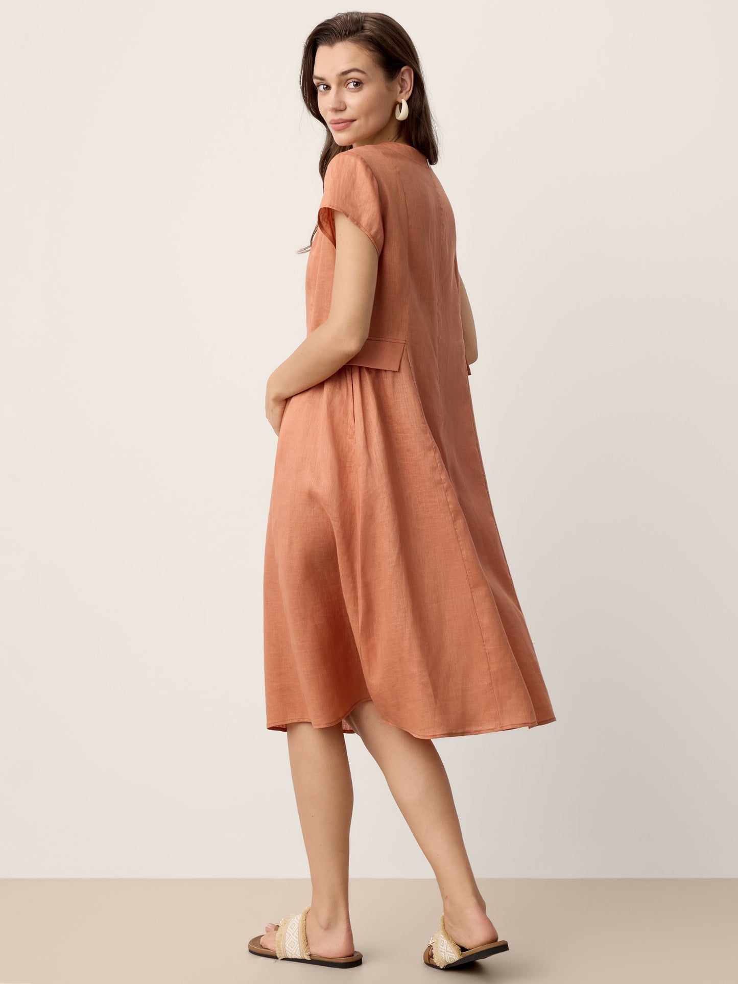 100% Linen Lace-Trim V-Neck Tailored-Waist Midi Dress ELENI
