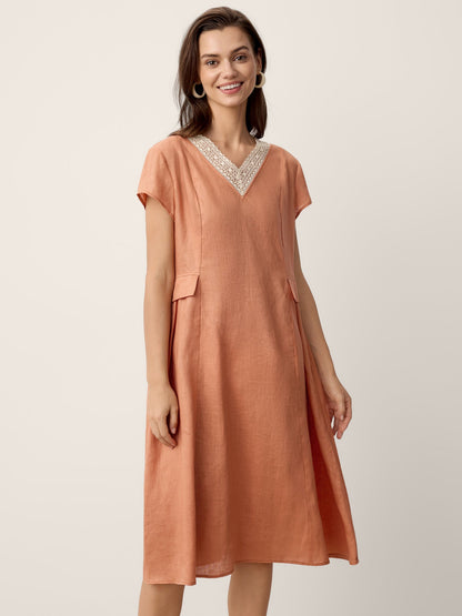 100% Linen Lace-Trim V-Neck Tailored-Waist Midi Dress ELENI