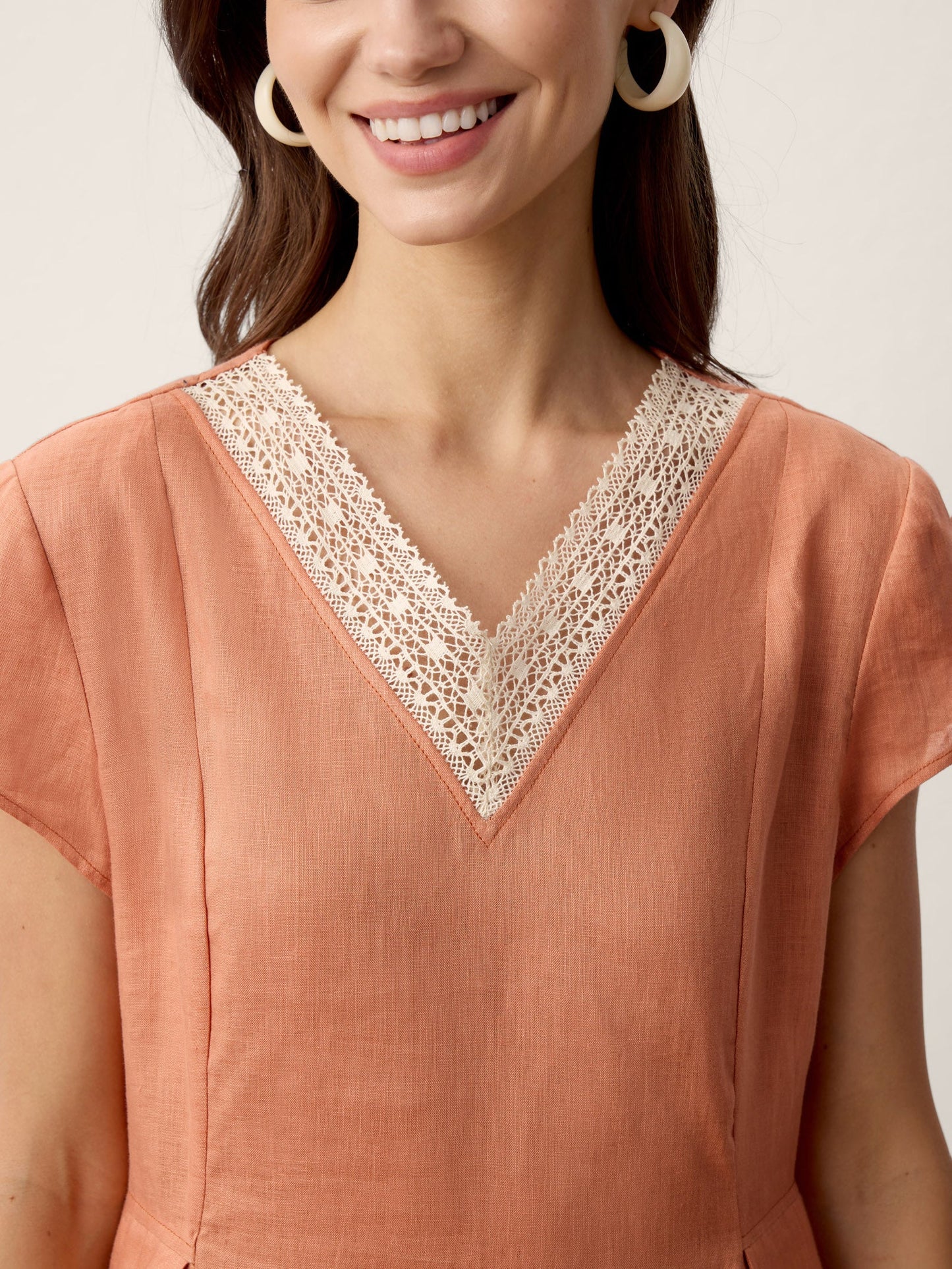 100% Linen Lace-Trim V-Neck Tailored-Waist Midi Dress ELENI