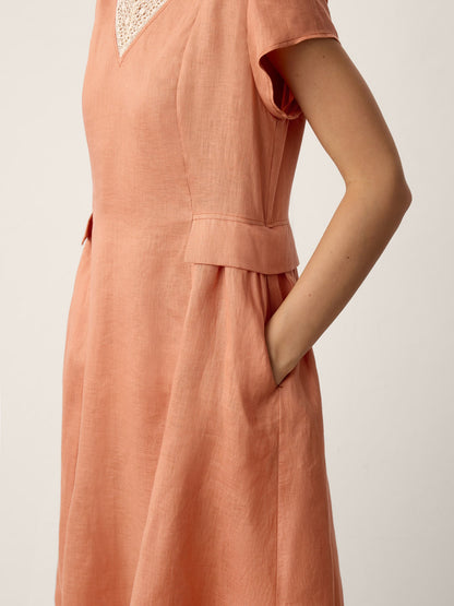 100% Linen Lace-Trim V-Neck Tailored-Waist Midi Dress ELENI