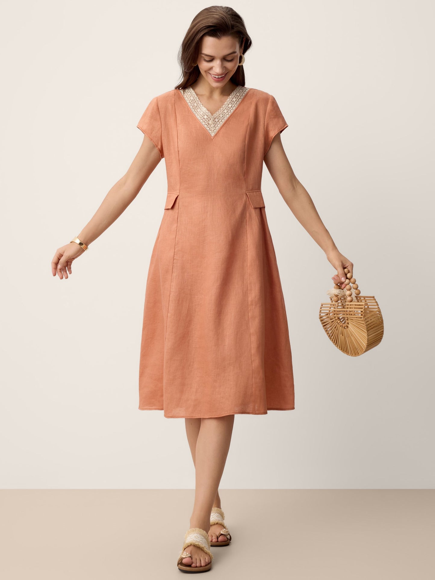 100% Linen Lace-Trim V-Neck Tailored-Waist Midi Dress ELENI