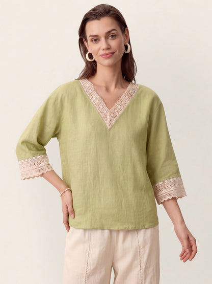 100% Linen Lace-Trim V-Neck Top KEELY