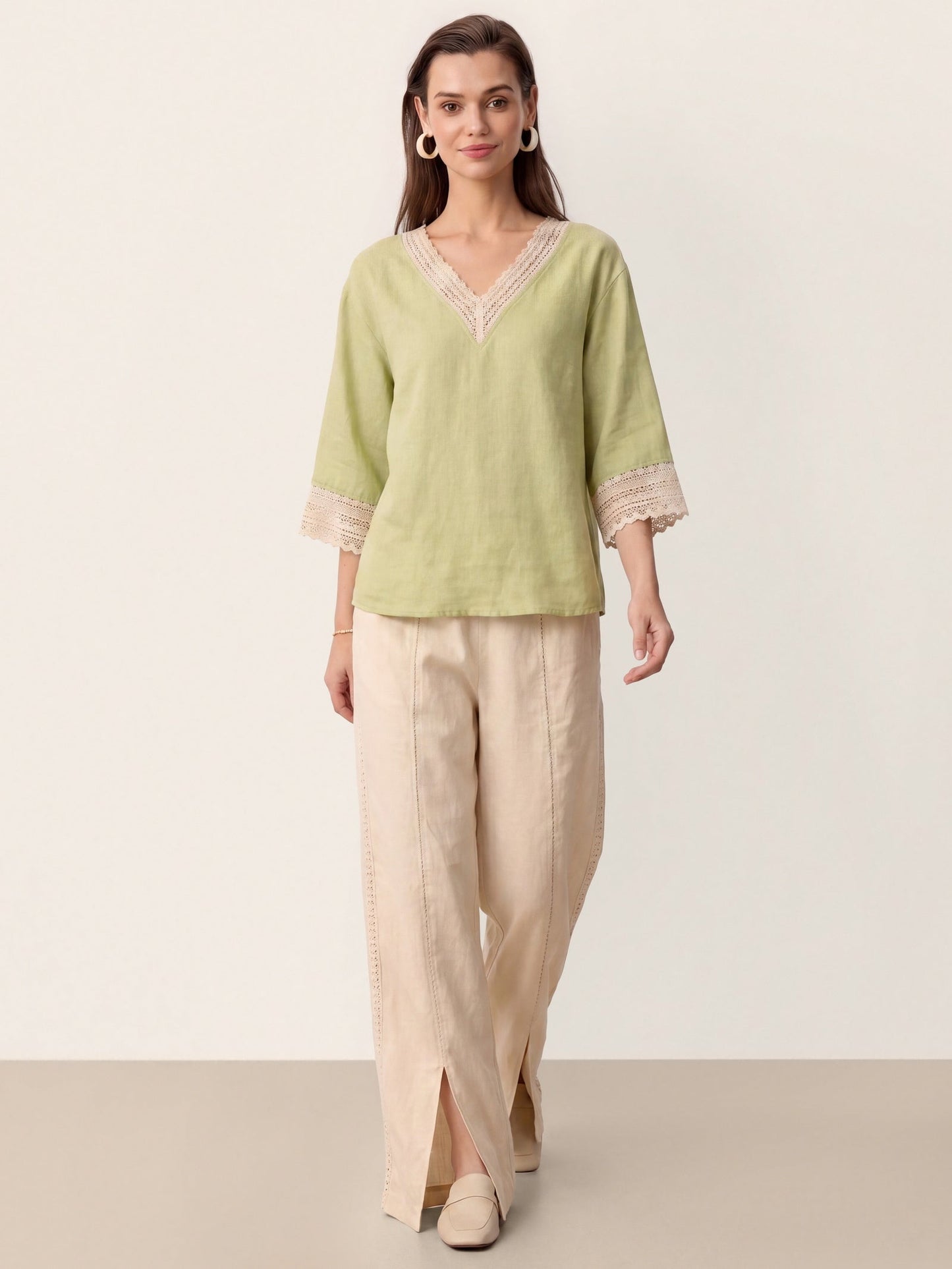 100% Linen Lace-Trim V-Neck Top KEELY