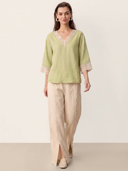 100% Linen Lace-Trim V-Neck Top KEELY